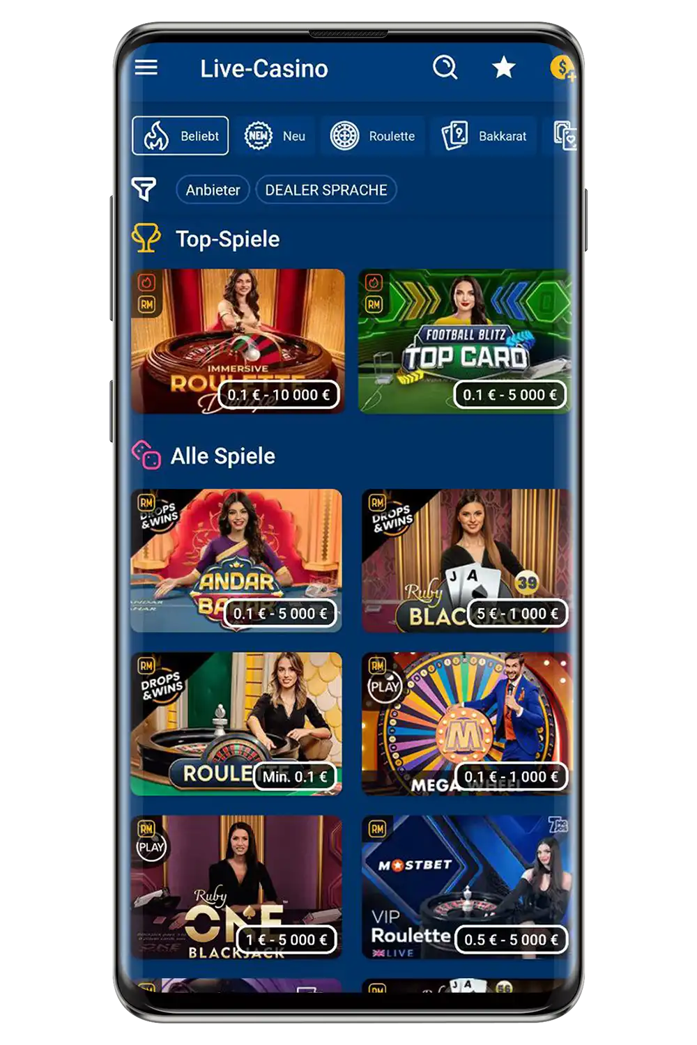 Mostbet-Buchmacherschnittstelle auf einem mobilen Gerät